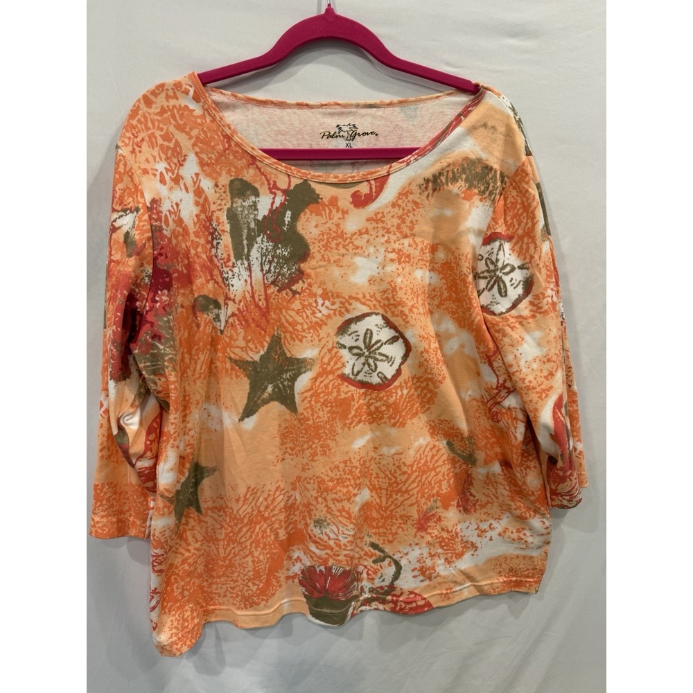 Palm Grove Women's XL Top Shirt Peach Orange Sand Dollar Print 3/4 Sleeve Casual